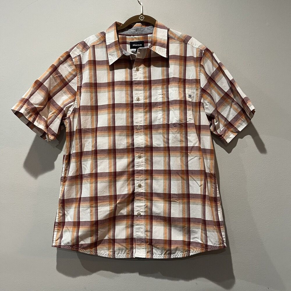 Marmot Shirt MENS LARGE Orange Red Plaid Short Sleeve Button Up Organic‎ Cotton